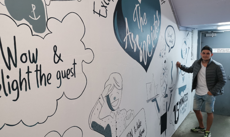 Line-art hospitality mural with artist Diegodalo