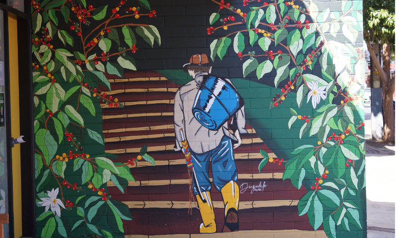 Cafetal mural Tropical jungle mural painted along a staircase wall