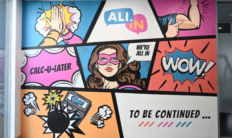Finished pop art comic office mural for All In Advisory, Adelaide