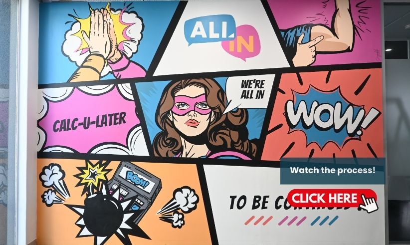 ALL IN ADVISORY Pop art comic-style mural for All In Advisory