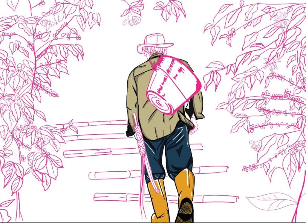 Digital illustration of a Colombian coffee farmer walking through a coffee plantation, designed for the Cafetal Coffeeco mural