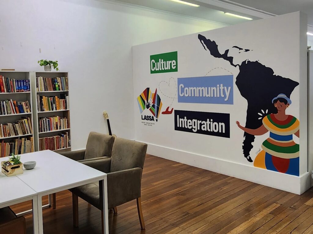 Finished LASSA mural in Adelaide with a Latin America map and the words Culture, Community and Integration