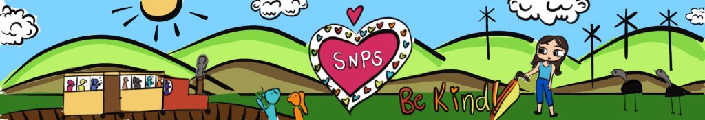 Digital colour design of the Stirling North Primary School mural with train, hills, SNPS heart, Be Kind and windmills