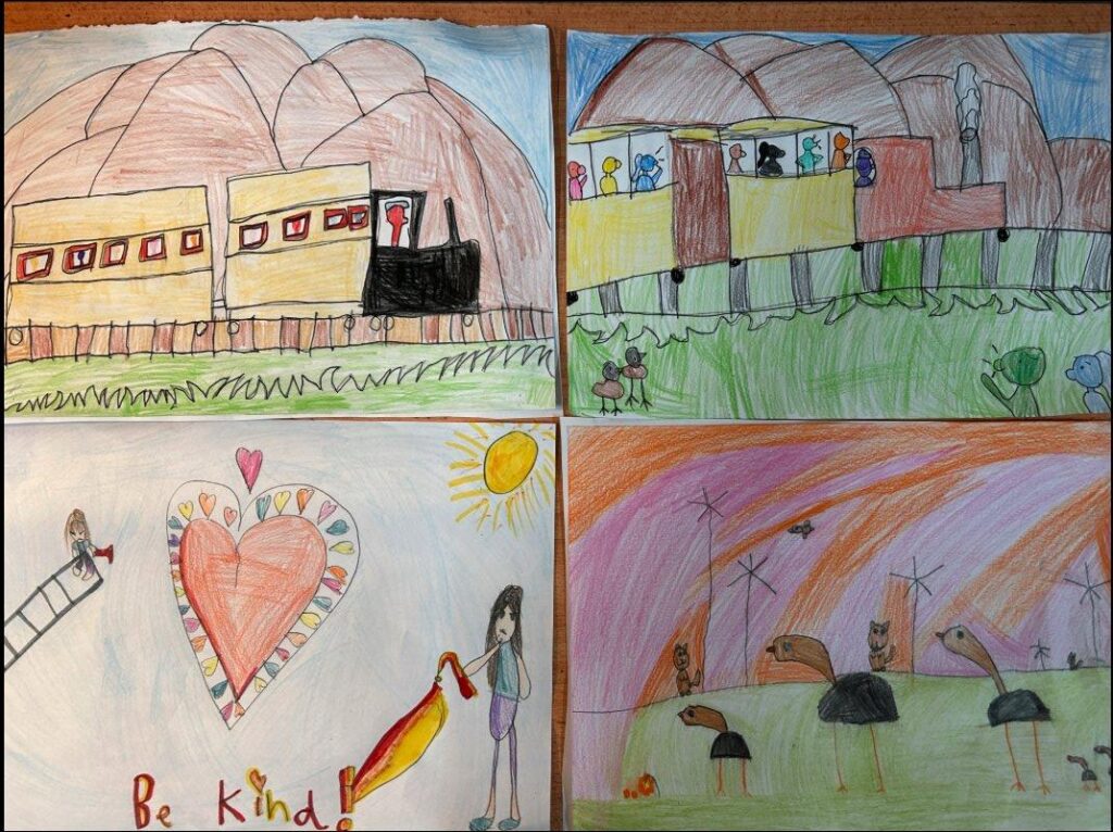 Four student drawings from the Stirling North Primary School mural competition: trains, hills, a Be Kind heart and emus with windmills