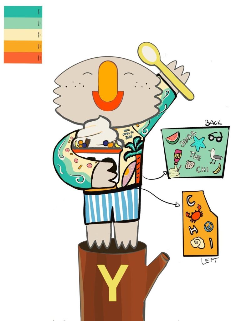 Concept sketch for the Semaphore Beach Yo-Chi Bear with beach-inspired details and colour palette